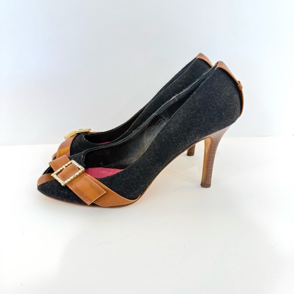 Kate Spade Black Felt Fabric Leather Rhinestone Office Open Toe Heels Size 6 B - Picture 5 of 10